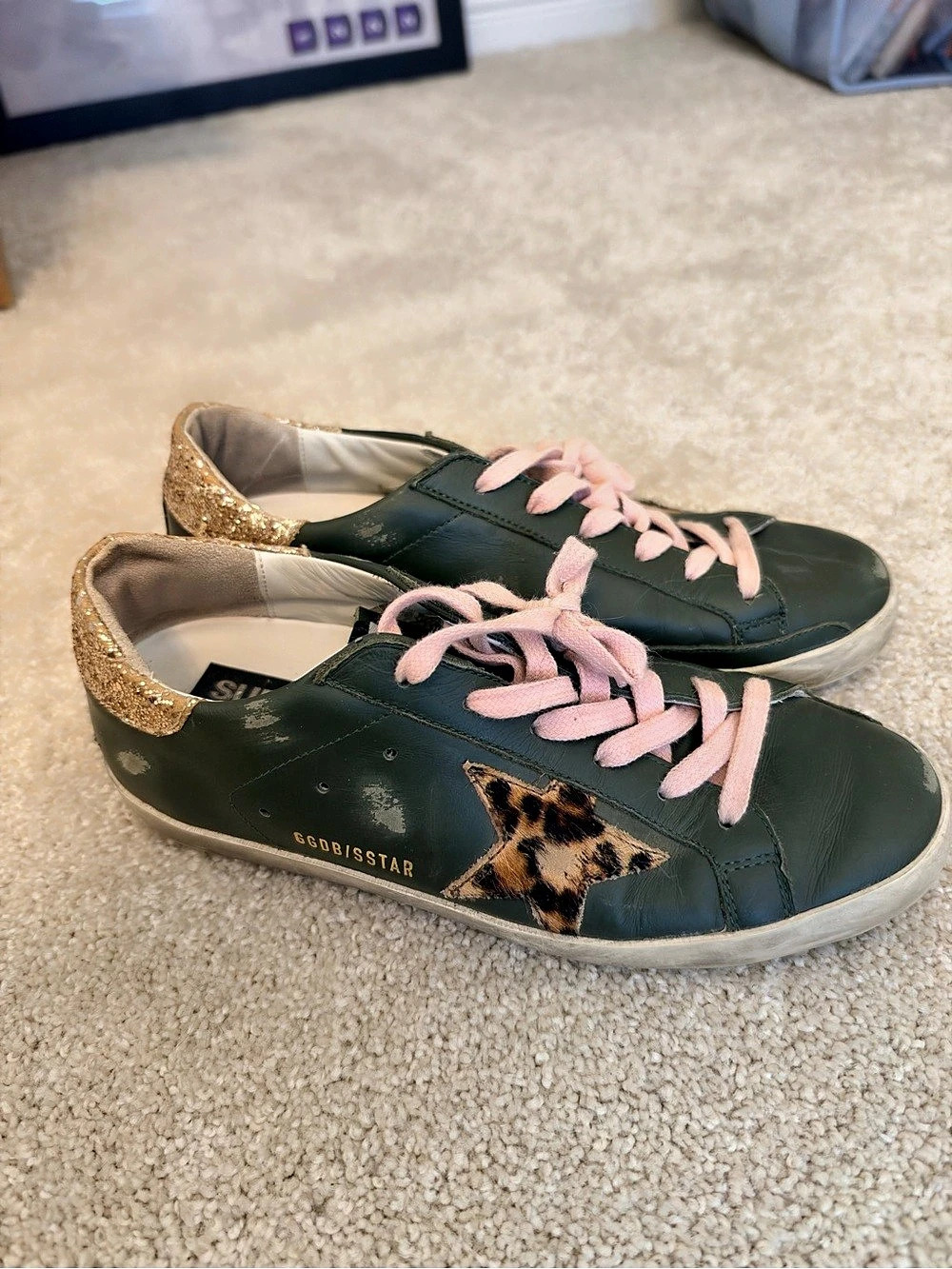 Golden Goose Super-Star Green & Leopard Sneakers- Sz 38